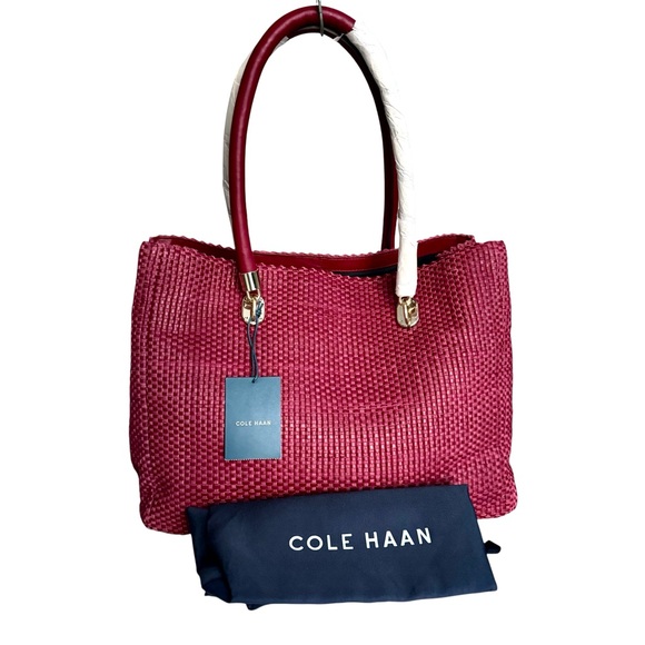 NEW Cole Haan Benson Woven Leather Large Tote Shoulder Bag Red Cabernet Women’s - Picture 1 of 17